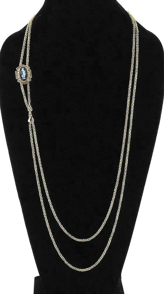 Victorian 10k Yellow Gold Cameo of a Young Woman Slider Watch Chain Necklace