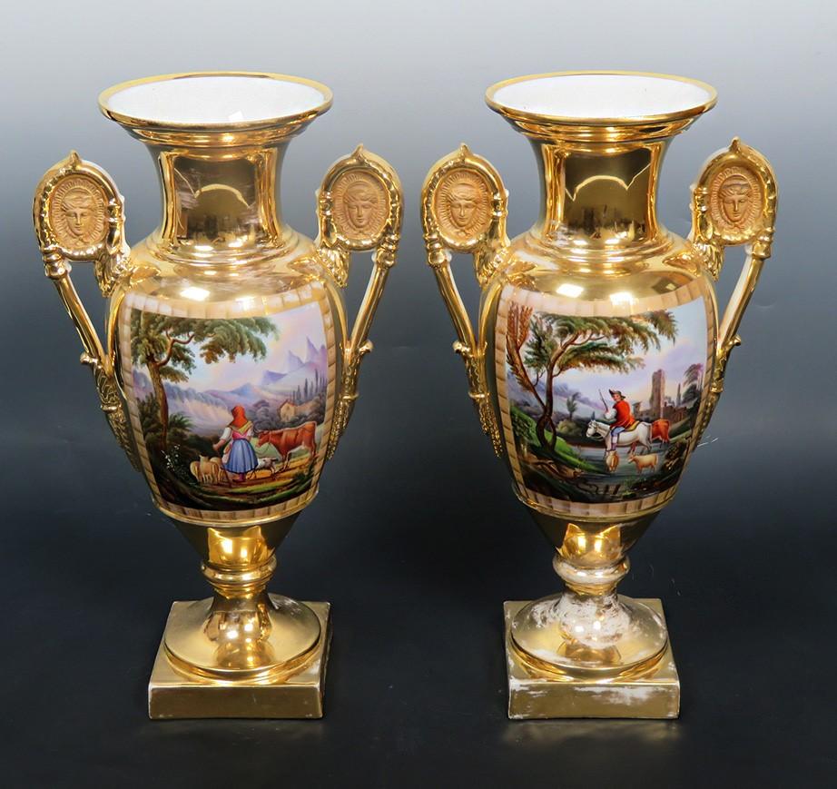 c1830s Fantastic Pair Paris Porcelain Gilt Hand Painted Grecian Urns