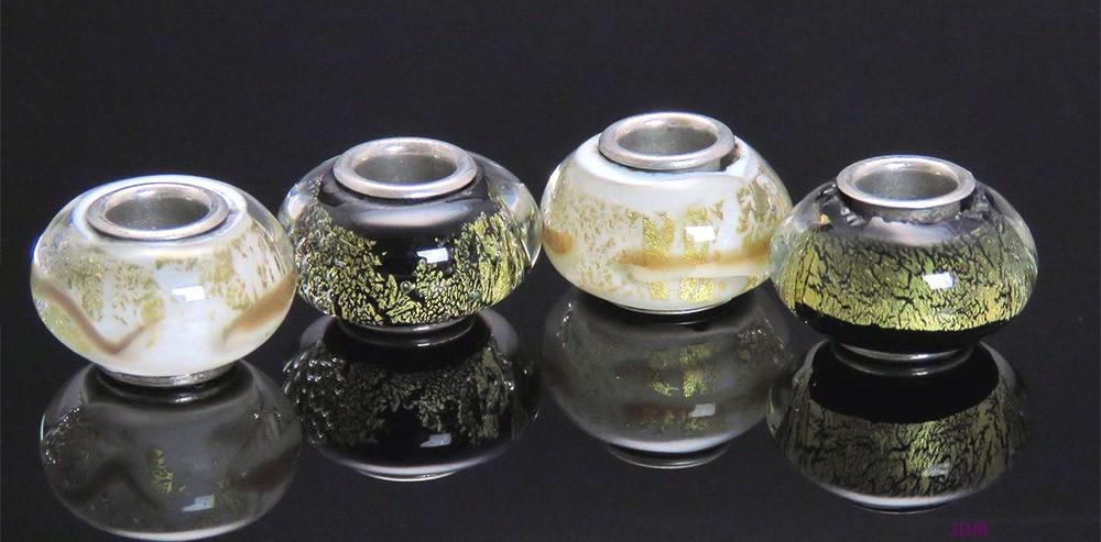 4 Murano White & Black Gold Glass Charms Beads