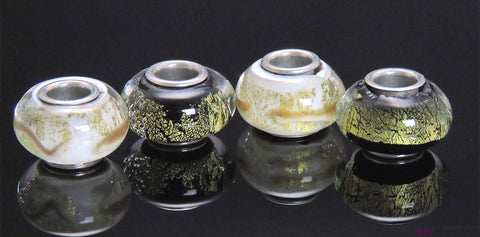 4 Murano White & Black Gold Glass Charms Beads