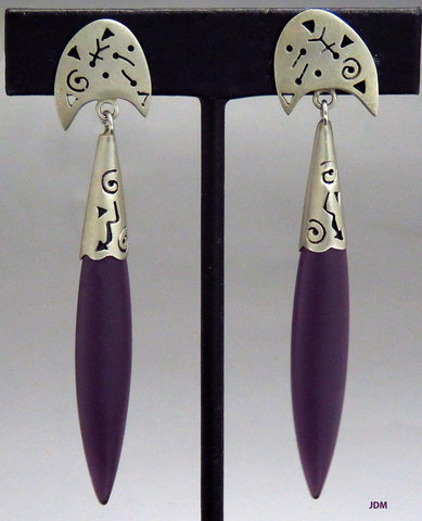Beautiful Pair Sterling Silver Frosted Purple Glass Dangle Earrings