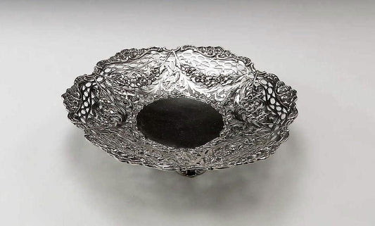 German 1900 800 Silver Pierced Openwork Low Compote Bowl Bird & Garland Design