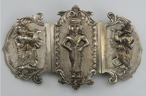Antique 19th Century Thai or Indian Elaborate Silver Belt Buckle Triptych Style