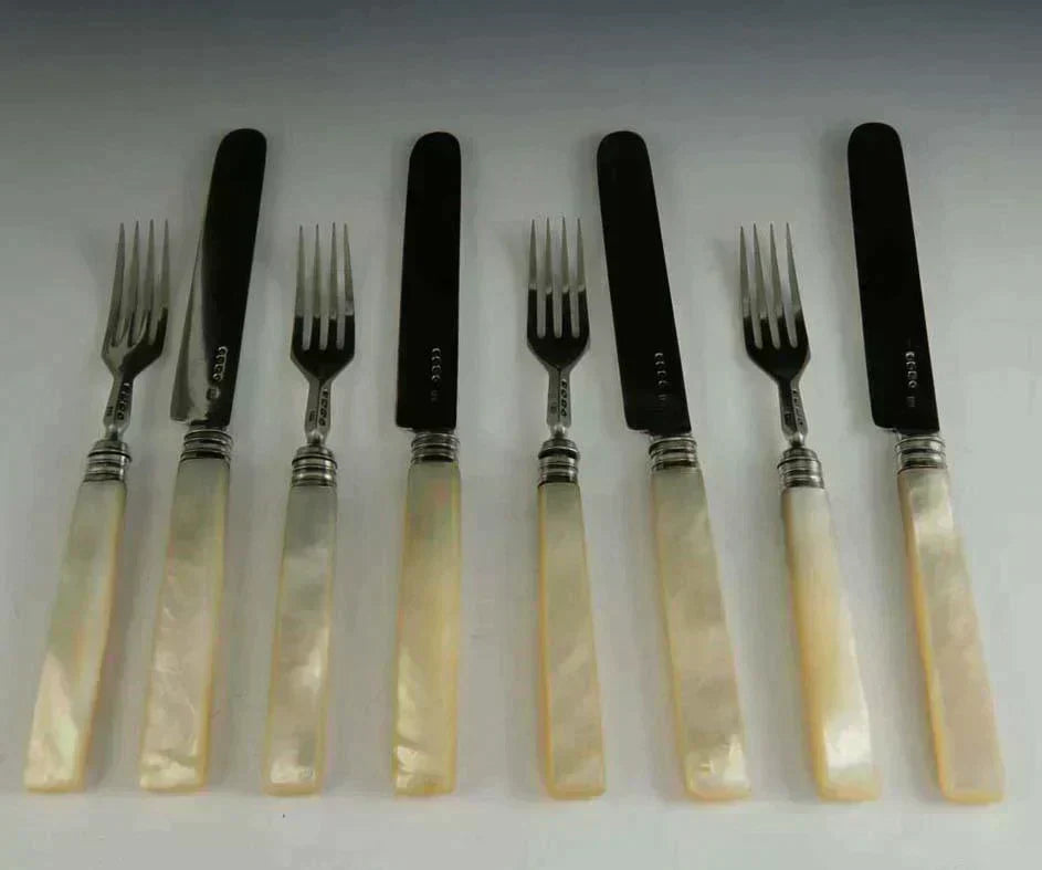 1841 Fantastic 8pc Victorian English Sterling Silver MOP Dessert / Fruit Set