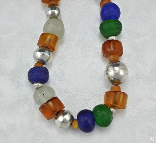 Beautiful Glass Sterling Beaded Choker Necklace Enameled Clasp Orange Green Blue