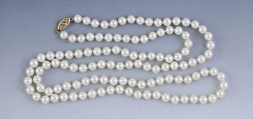 Long Strand Knotted 6mm Pearls 14K Gold Filigree Clasp ~30" Necklace