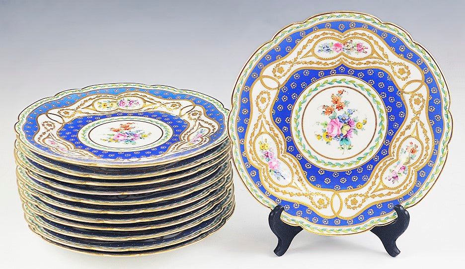 Fine ANTQ Set 12 Royal European Gilded Beaded Dinner Plates Floral Blue White