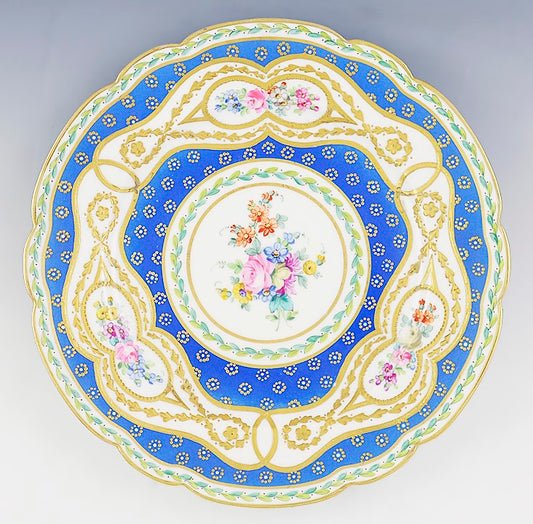 Fine ANTQ Set 12 Royal European Gilded Beaded Dinner Plates Floral Blue White