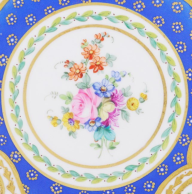 Fine ANTQ Set 12 Royal European Gilded Beaded Dinner Plates Floral Blue White