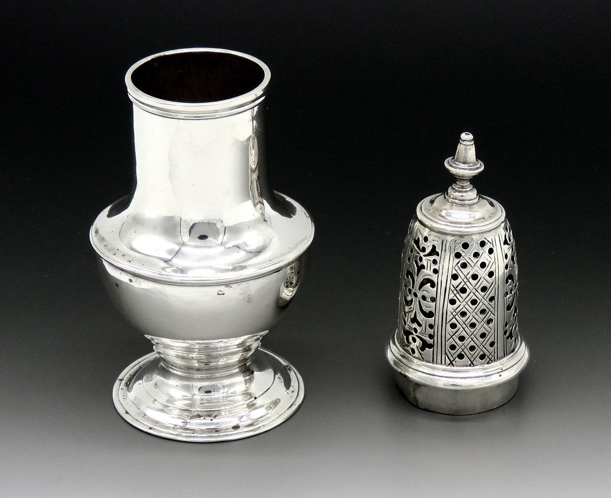 Antique 1760 English Georgian Sterling Silver Pedestal Salt Pepper Shaker