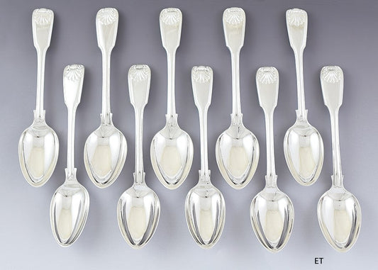 10 English Georgian Sterling Silver Fiddle Thread Shell 7 1/4" Spoons