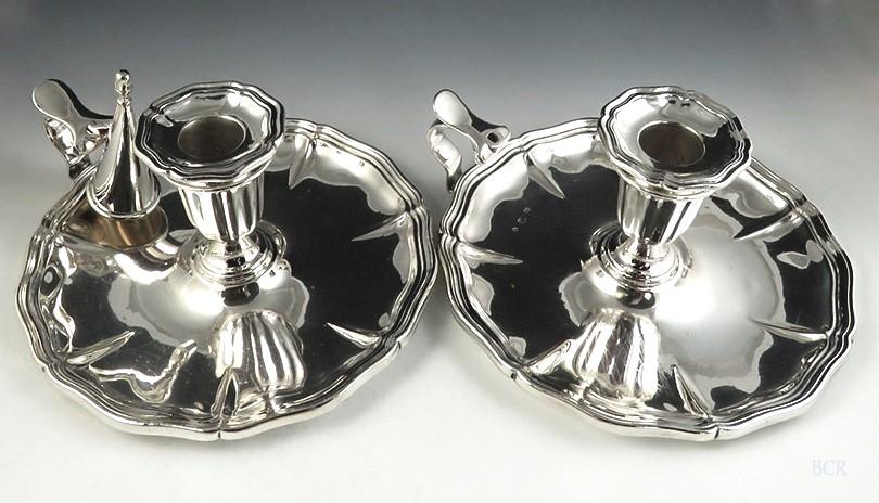 c1840s-1850s Lovely Pair English Silver Plate Chambersticks Elkington & Co