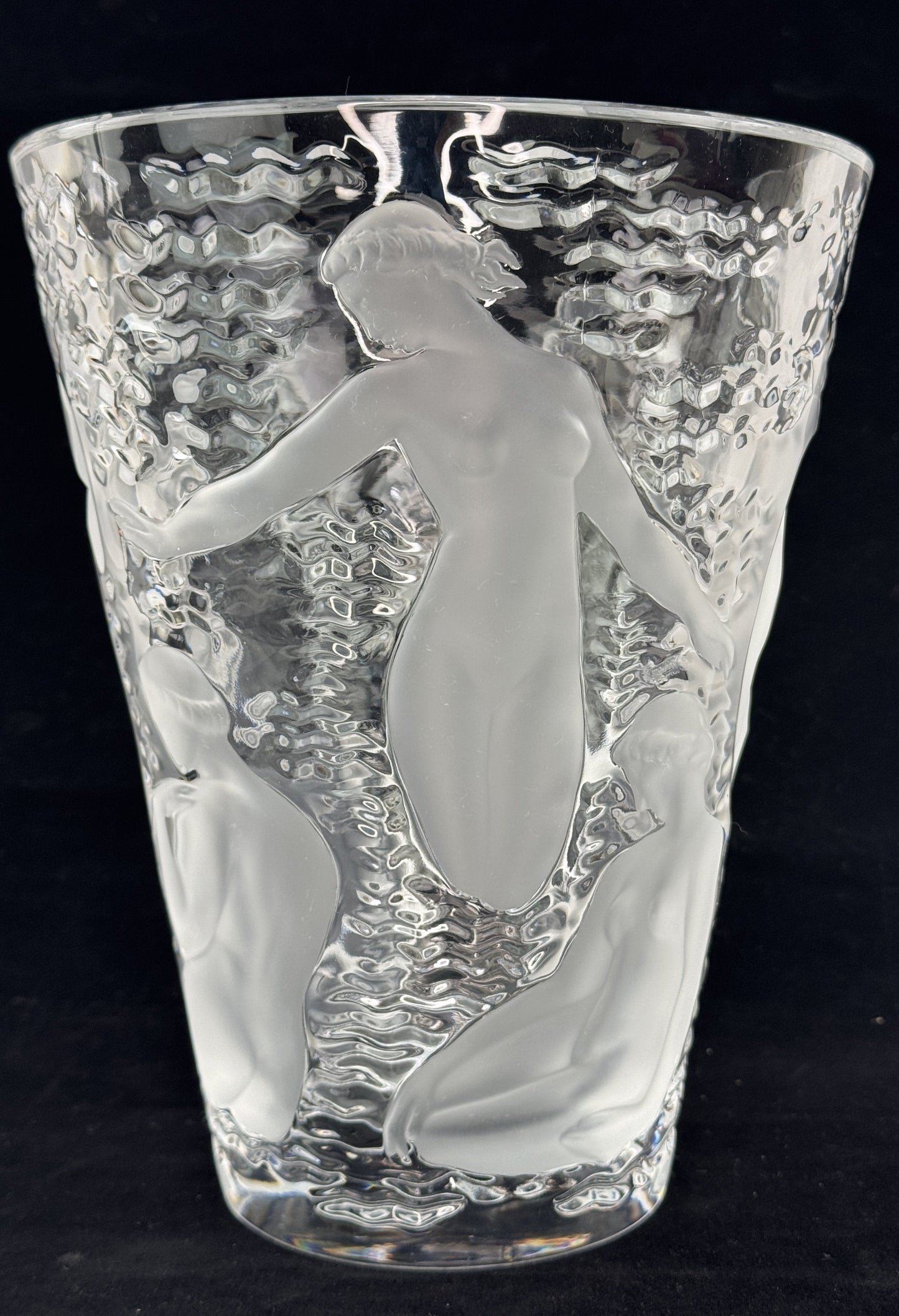 Stunning Signed Lalique Ondines Glass Frosted Nude Water Nymph Bathers 9.5" Vase