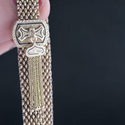 c1877 Lovely American Victorian 10k Gold Hand Engraved Slide Tassel Bracelet