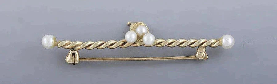 Delightful Modern 14k Gold Pearl Twisted Bar Pin Brooch