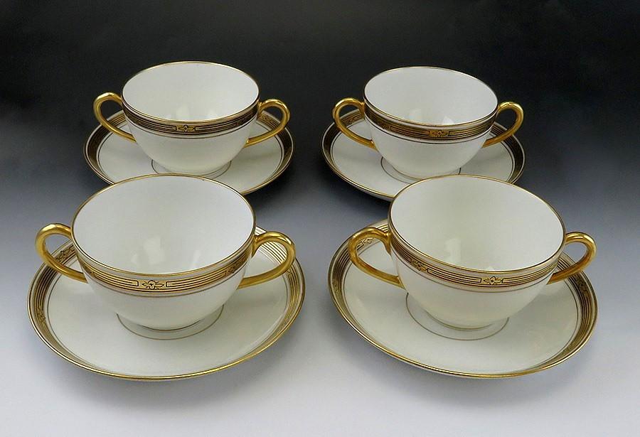 Limoges Porcelain/Fine China PIC46 Gold Rim Hand Painted Bouillon Bowls Saucers