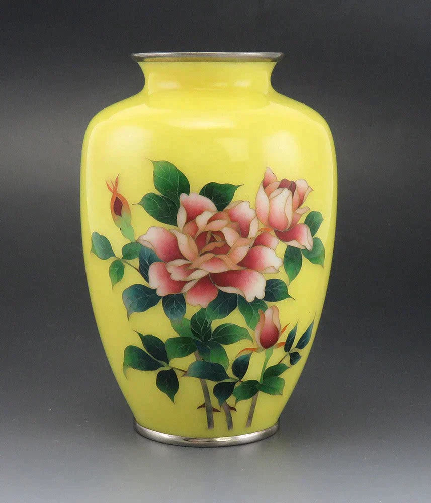Lovely VTG Japanese Cloisonne Enamel Yellow Floral Roses Vase