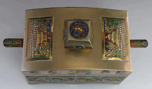 Antique c1900 Chinese Enamel Brass Covered Grand Temple Box