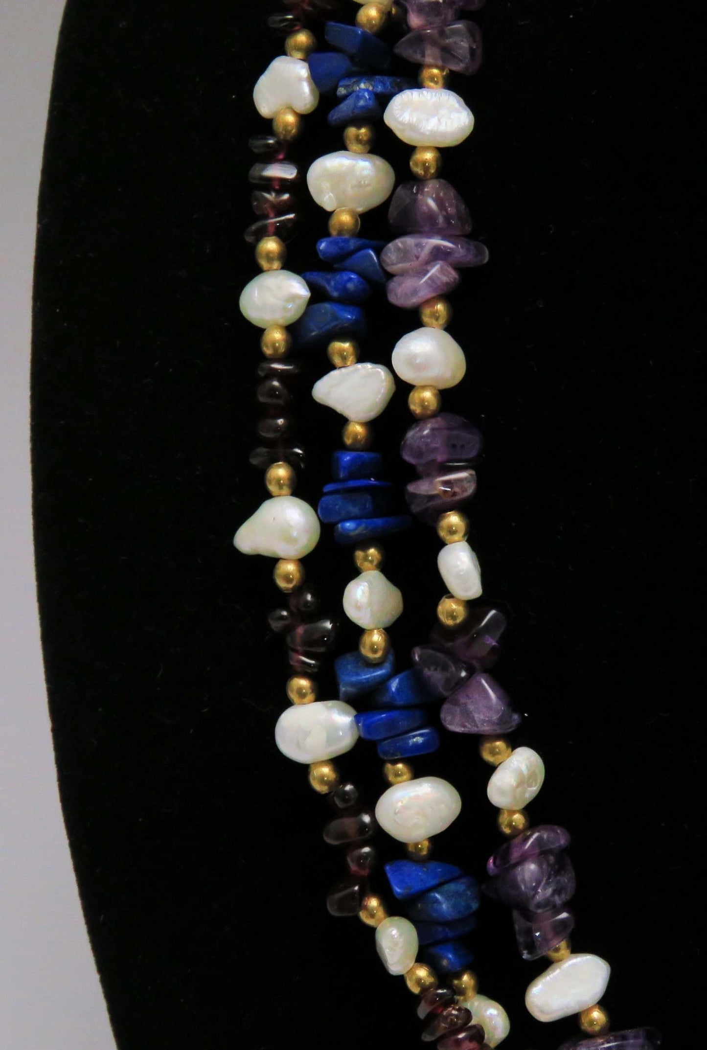 Modern Three Strand Amethyst Pearl Lapis & Garnet Necklace