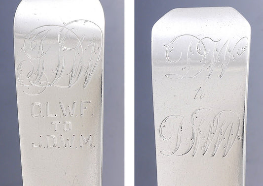 c1815 Great Pair American Coin Silver Serving/Tablespoons Fiddle Pat by Emery