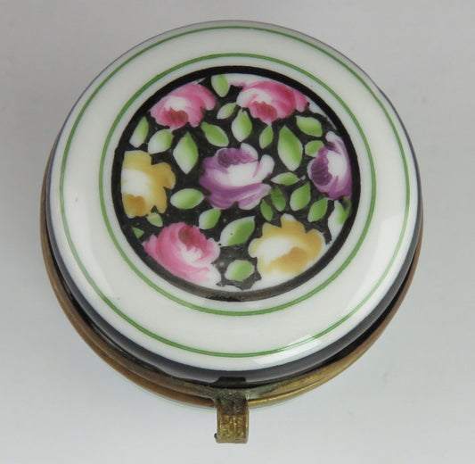 Early 1900's Antique Hand Painted Floral Porcelain and Brass Trinket Jewelry Box