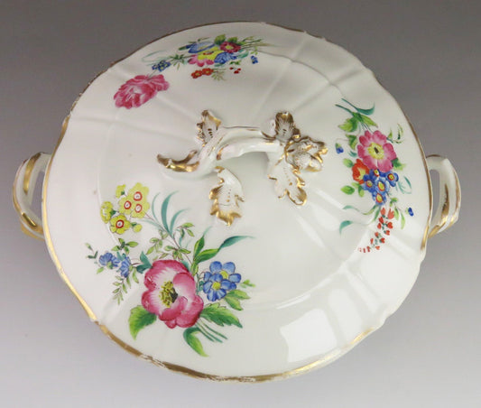 Antique c1850 Paris Porcelain Fine China Gold & Painted Flower Covered Bowl/Dish