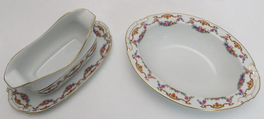 Czech Epiag Floral Double Spout Gravy Boat w Underplate & Oval Serving Dish 9561