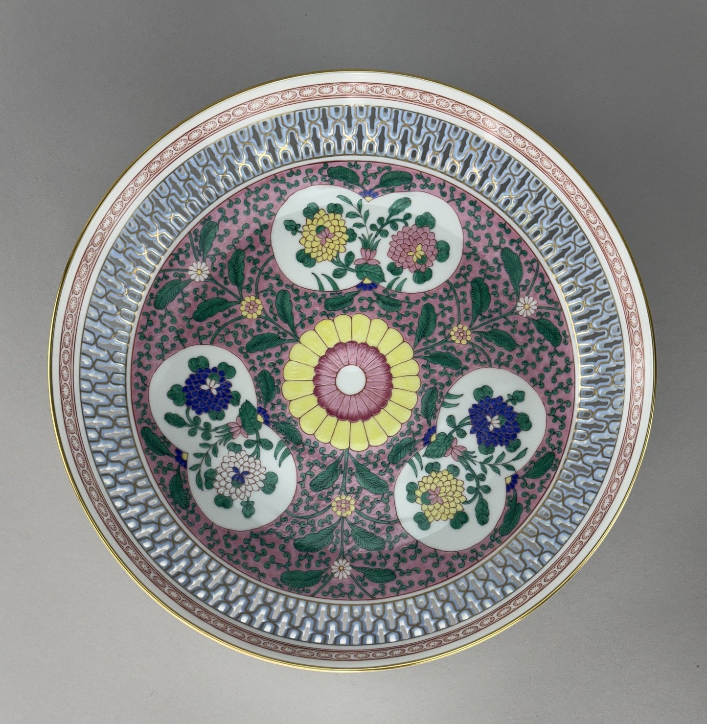 Herend Handpainted Emaille Rose ERS Reticulated 10 7/8" Bowl w Artist Signature