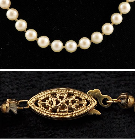 Beautiful Long Genuine Pearl Necklace w/ 14K Yellow Gold Filigree Clasp