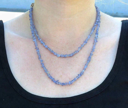 Glittering Tanzanite Gemstone Beaded Strand Necklace 14K Gold Clasp - 35 Inches