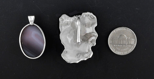 2 Sterling Silver Lapis Lazuli and Agate Pendants Bezel Set Stones Handmade