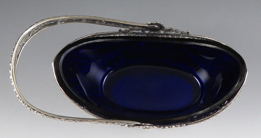 Antique 1890s-1910s Hanau Silver Sauce Basket with Cobalt Blue Glass Liner