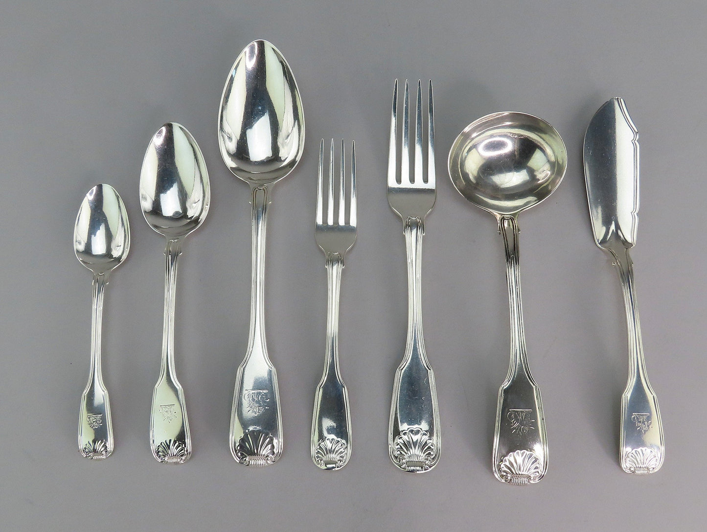 1820 English Georgian Sterling Silver 61pc Fiddle Thread Shell Flatware Set