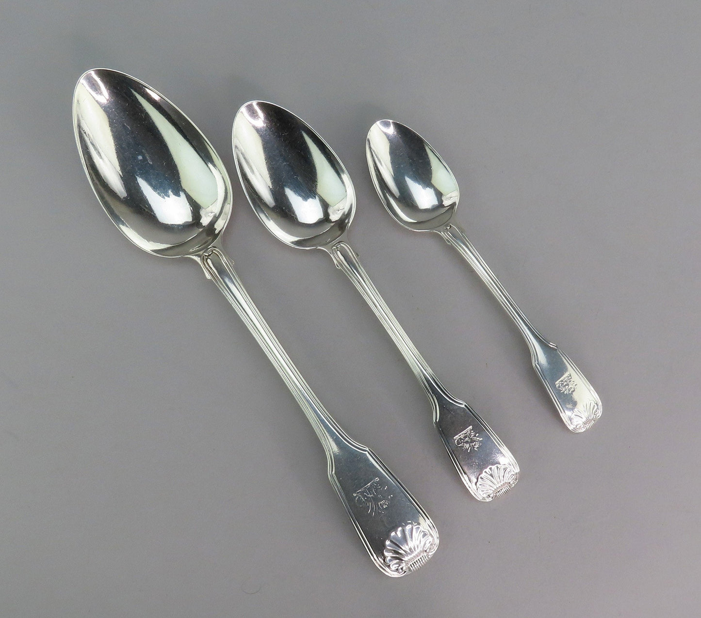 1820 English Georgian Sterling Silver 61pc Fiddle Thread Shell Flatware Set