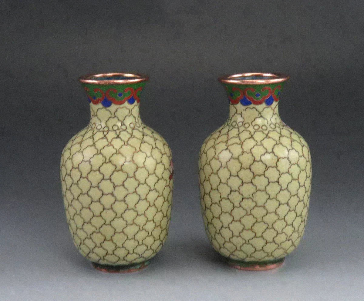 Pair Vintage Chinese Copper Cloisonné Enamel Cherry Blossom Bud Vases