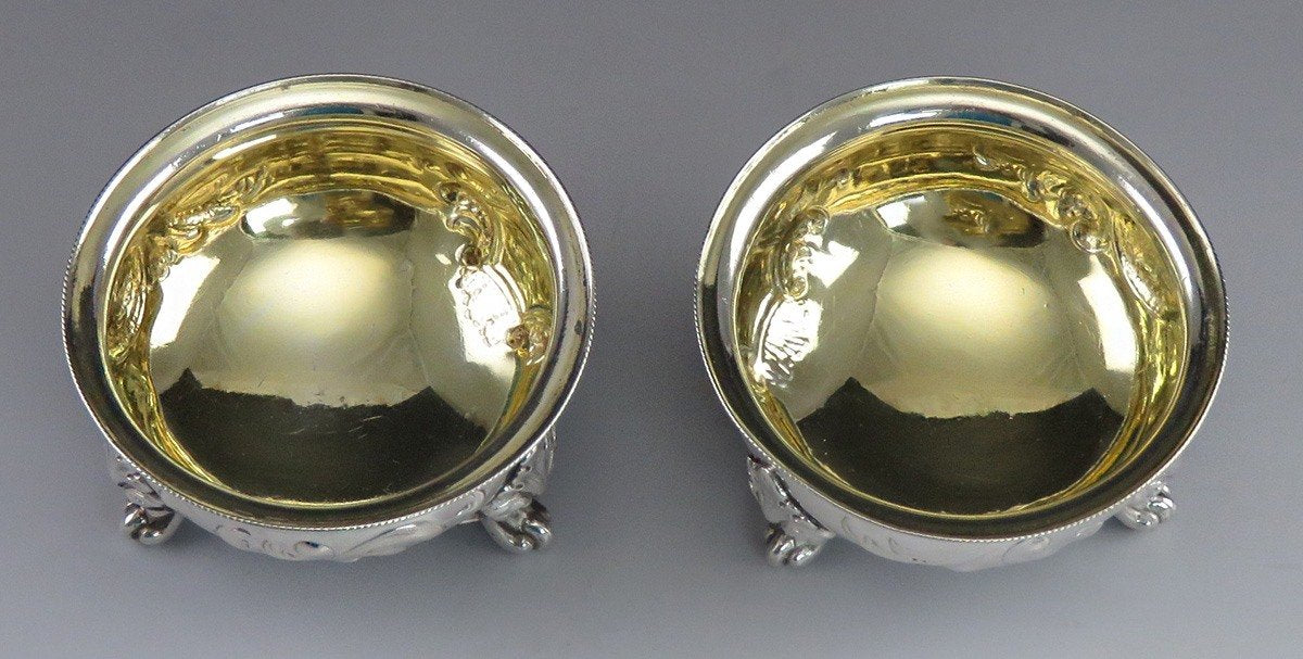 2 Antique c1840 American Coin Silver Ornate Victorian Salt Cellars