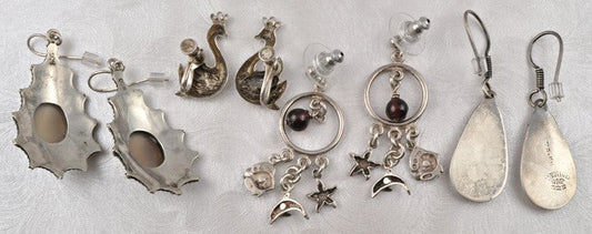 4 Pairs of Earrings Mexican Sterling Swans Dangle Fish