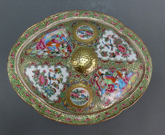 C1860s Chinese Export Porcelain Famille Rose Medallion Gilded Covered Dish