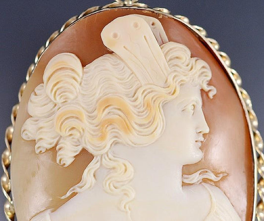 Fine Large Carved Cameo 14k Gold Rope Setting Pendant Pin Brooch