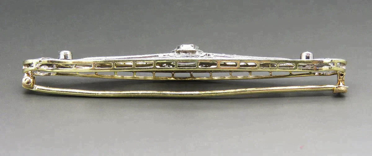 Antique c1915 14K Gold Platinum Top 3 Diamond Filigree Bar Pin