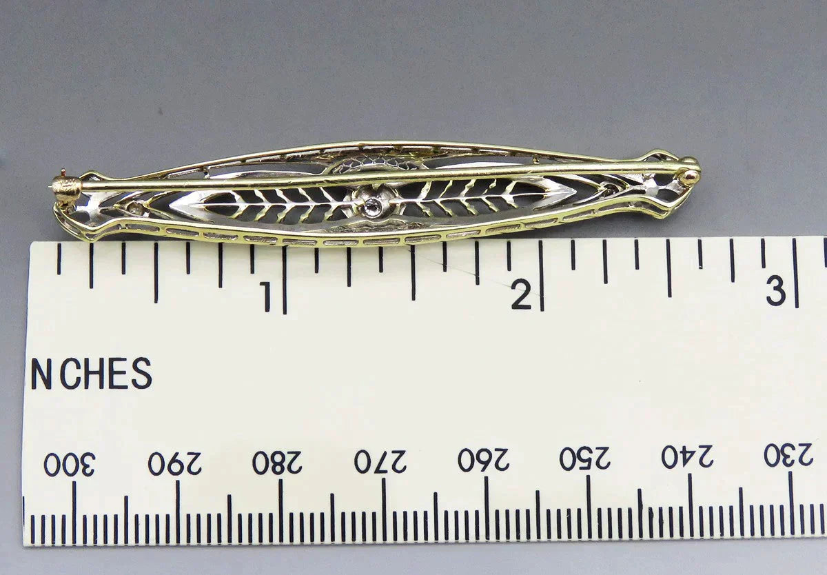 Antique c1915 14K Gold Platinum Top 3 Diamond Filigree Bar Pin