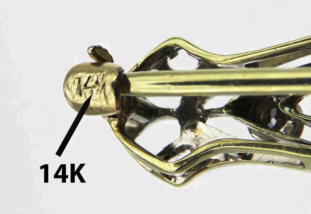 Antique c1915 14K Gold Platinum Top 3 Diamond Filigree Bar Pin