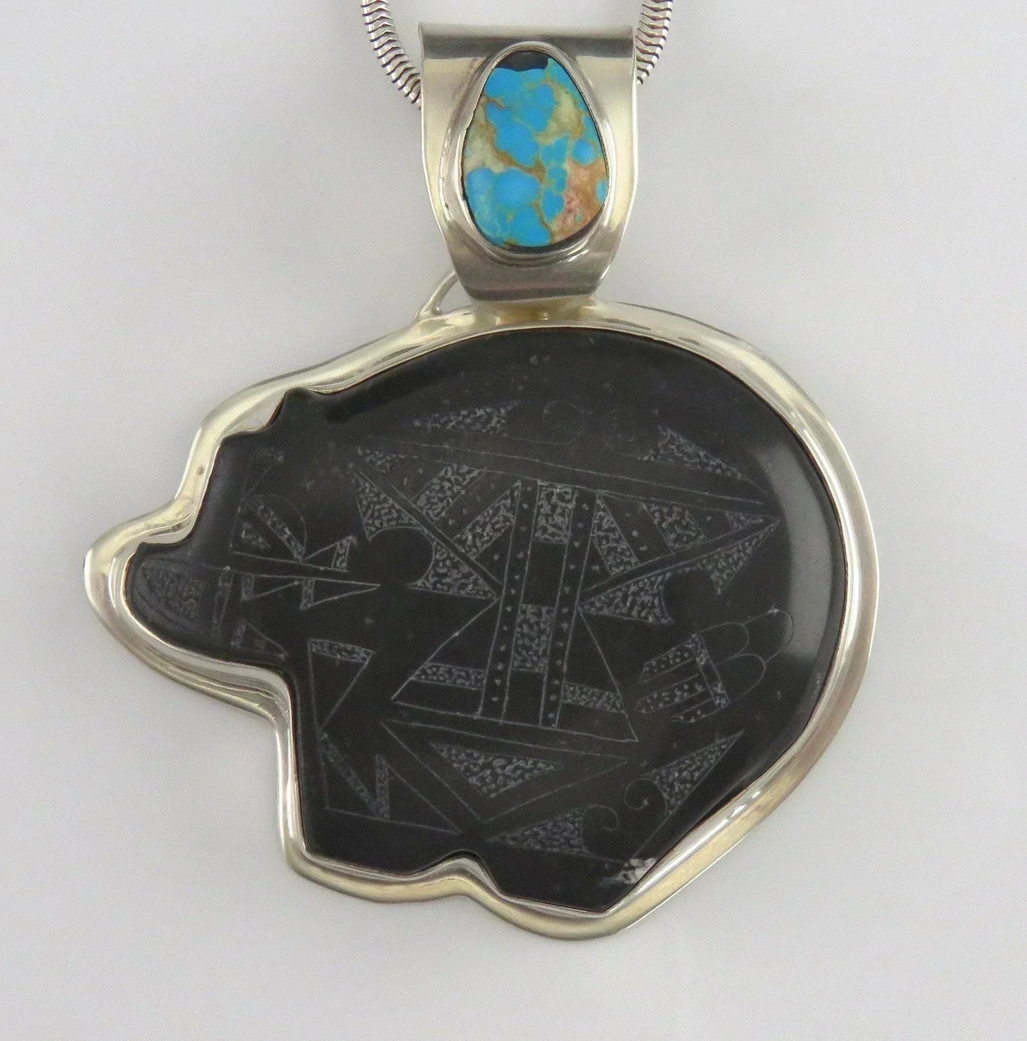 Native American Indian Sterling Silver Obsidian Turquoise Bear Pendant Necklace