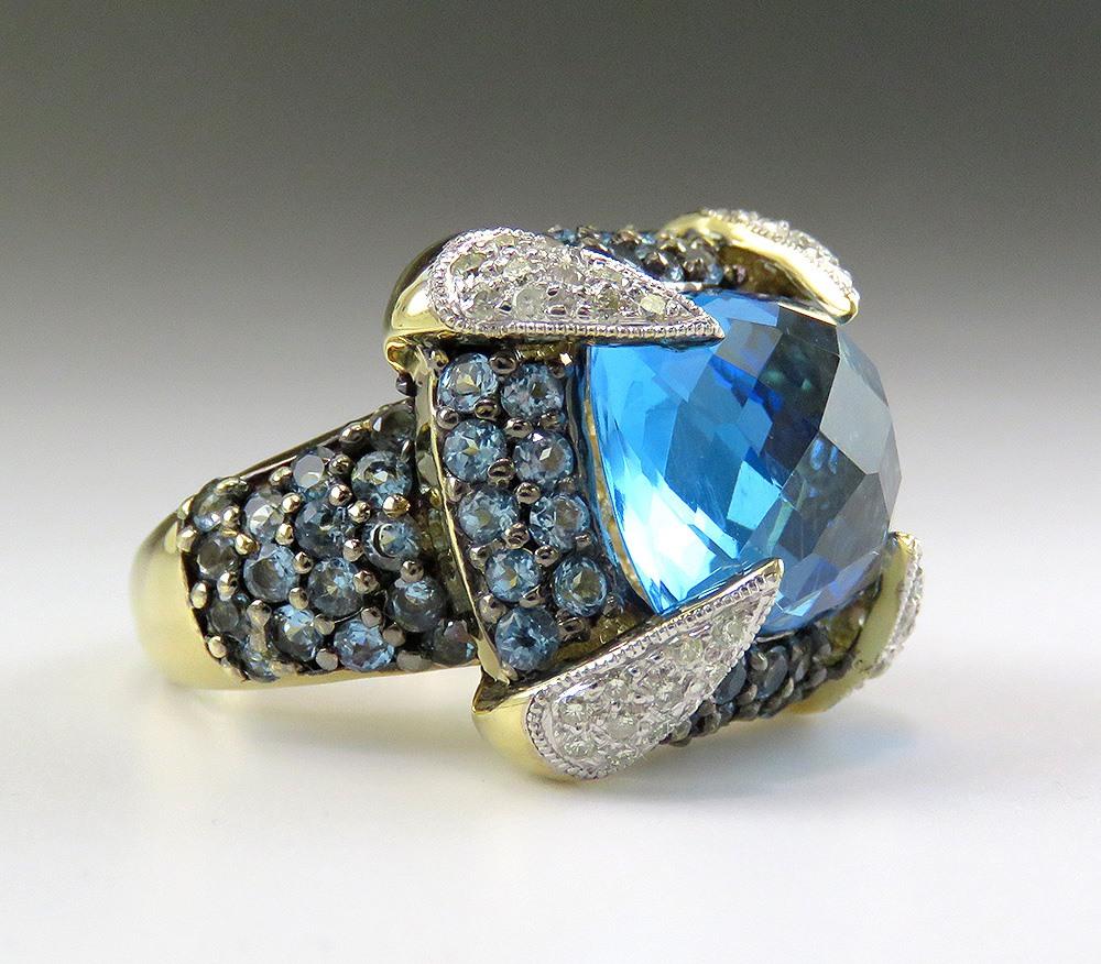 High End 14K Yellow Gold Blue Topaz Gemstone Diamond Cocktail Statement Ring