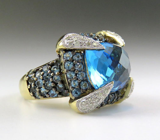 High End 14K Yellow Gold Blue Topaz Gemstone Diamond Cocktail Statement Ring