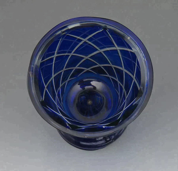 Stunning Antique Bohemian Cobalt Blue Cut to Clear Goblet Vase Diamond Design