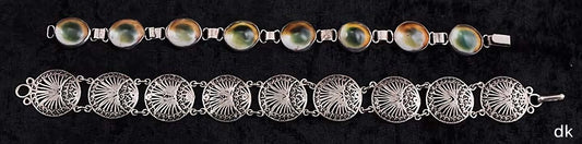 Pair Bracelets 800 Silver Filigree and Green Shell