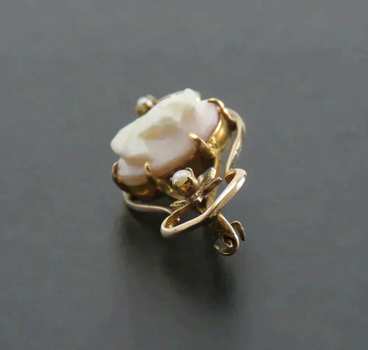 Antique Victorian 10K Yellow Gold Natural Pearl Carved Shell Cameo Pin/Brooch