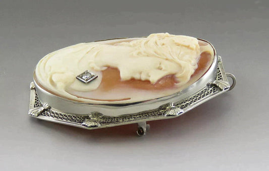 Antique c1910 14K White Gold Filigree Diamond Shell Cameo Pin/Brooch/Pendant