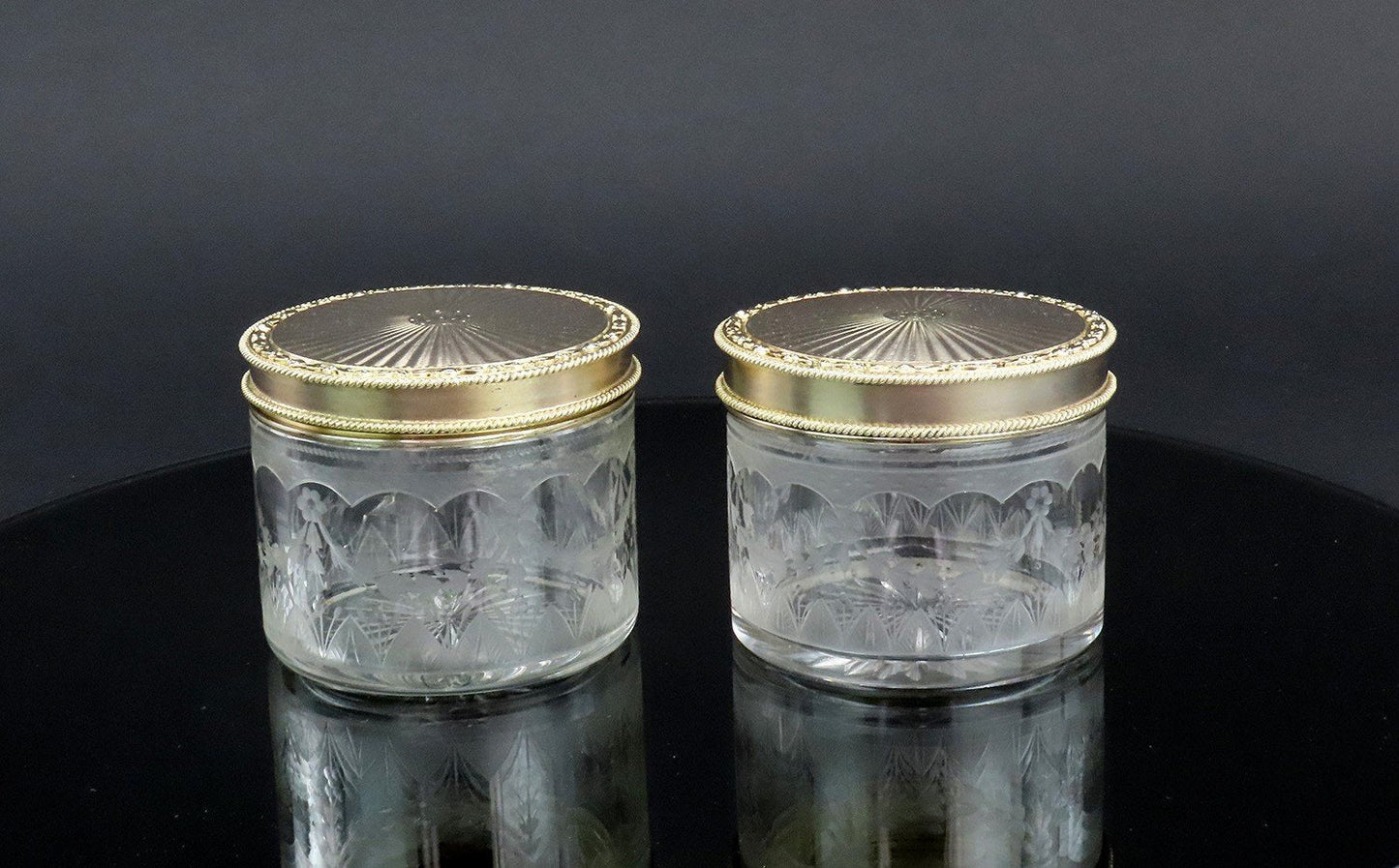 Superb Pair 1927 English Sterling Silver Gilt Cut Glass Dresser Powder Jars